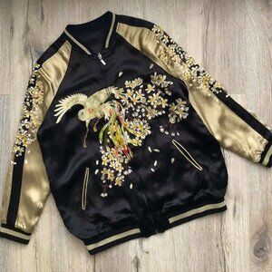 Black & Gold Souvenir Jacket (Sukajan) with Phoenix and Cherry Blossoms.womens M